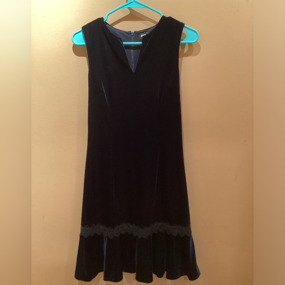 KARL LAGERFELD Paris Velour Sheath Dress Midnight Blue Flounce Black Lac…
